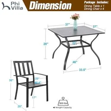 PHI VILLA Outdoor Dining Table Set, Metal Steel Dining Table with Umbrella Hole & Stackable Iron Chairs for Patio, Deck, Yard