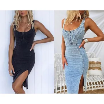 utcoco Sleeveless Denim Dress for Women with Side Slit