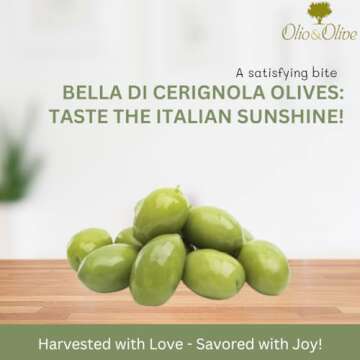 Olio&Olive Large Bella di Cerignola Green Italian Olives - Vacuum Packed and Less Salty - Firm and Buttery Taste - Vibrant and Fresh Color - 1lb Pack (Drained Weight) - Imported from Apulia-Italy