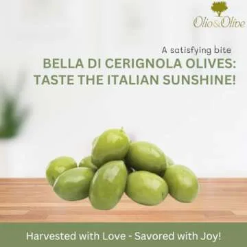 Olio&Olive Large Bella di Cerignola Green Italian Olives - Vacuum Packed and Less Salty - Firm and Buttery Taste - Vibrant and Fresh Color - 1lb Pack (Drained Weight) - Imported from Apulia-Italy