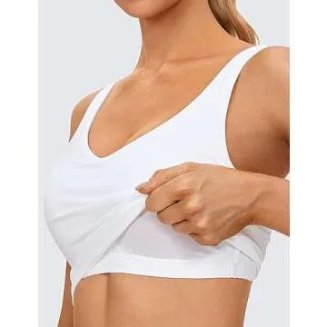 CRZ YOGA Butterluxe Womens V Neck Longline Sports Bra - U Back Padded Crop Workout Tank Tops with Built in Pads White Small