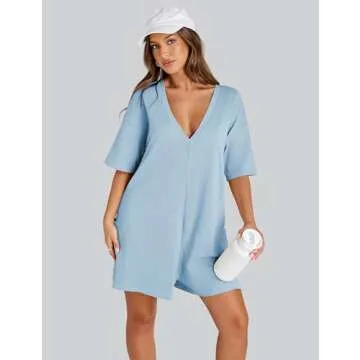 TAQCUX Rompers for Women Athletic Workout Hot Shot Tee Romper Casual Oversized Jumpsuits Overalls(LightBlue-M)