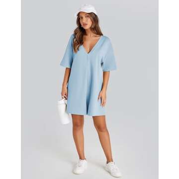 TAQCUX Rompers for Women Athletic Workout Hot Shot Tee Romper Casual Oversized Jumpsuits Overalls(LightBlue-M)