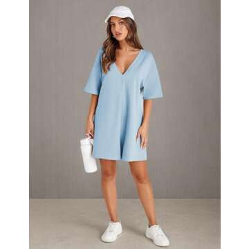 TAQCUX Rompers for Women Athletic Workout Hot Shot Tee Romper Casual Oversized Jumpsuits Overalls(LightBlue-M)