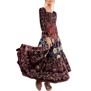 Women Spring Dresses Flowy Smocked Maxi Dress Long Sleeve Square Neck Boho Dresses Y2k Floral Party ...