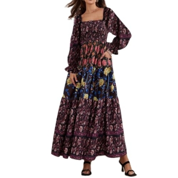 Women Spring Dresses Flowy Smocked Maxi Dress Long Sleeve Square Neck Boho Dresses Y2k Floral Party Sundresses, Black, Small