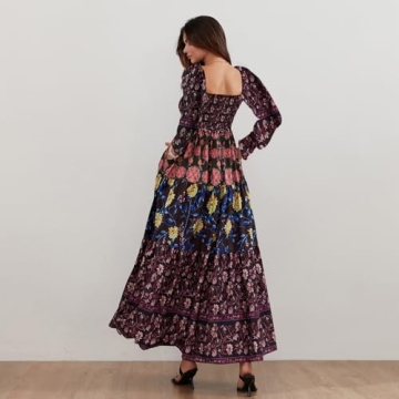 Women Spring Dresses Flowy Smocked Maxi Dress Long Sleeve Square Neck Boho Dresses Y2k Floral Party Sundresses, Black, Small