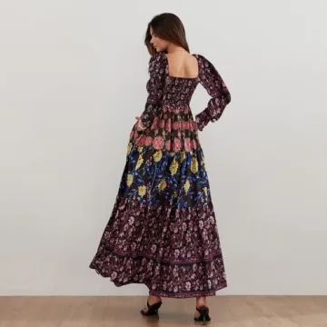 Women Spring Dresses Flowy Smocked Maxi Dress Long Sleeve Square Neck Boho Dresses Y2k Floral Party Sundresses, Black, Small