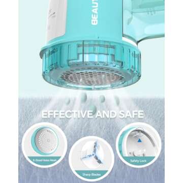 BEAUTURAL Fabric Shaver and Lint Remover, Sweater Defuzzer with 2-Speeds, 2 Replaceable Stainless Steel Blades, Battery Operated, Remove Clothes Fuzz, Lint Balls, Pills, Bobbles