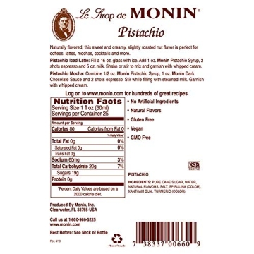 Monin Pistachio Syrup - Rich Flavor for Lattes and Cocktails
