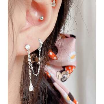 SLUYNZ 925 Sterling Silver Double Piercing Earrings Huggie Cuff Droplet Chain for Women Teens Double...