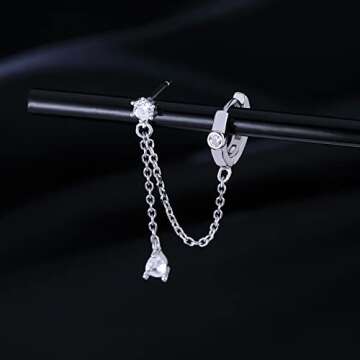 SLUYNZ 925 Sterling Silver Double Piercing Earrings Huggie Cuff Droplet Chain for Women Teens Double Holes Dangle Earrings Cartilage Helix Piercing Earrings Chain (A-Silver)