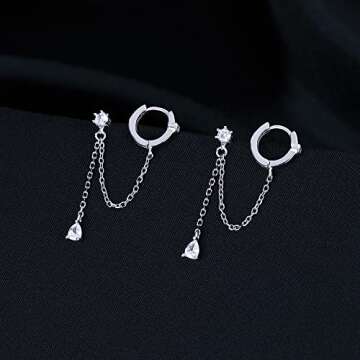 SLUYNZ 925 Sterling Silver Double Piercing Earrings Huggie Cuff Droplet Chain for Women Teens Double Holes Dangle Earrings Cartilage Helix Piercing Earrings Chain (A-Silver)