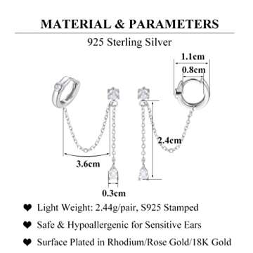 SLUYNZ 925 Sterling Silver Double Piercing Earrings Huggie Cuff Droplet Chain for Women Teens Double Holes Dangle Earrings Cartilage Helix Piercing Earrings Chain (A-Silver)