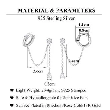 SLUYNZ 925 Sterling Silver Double Piercing Earrings Huggie Cuff Droplet Chain for Women Teens Double Holes Dangle Earrings Cartilage Helix Piercing Earrings Chain (A-Silver)