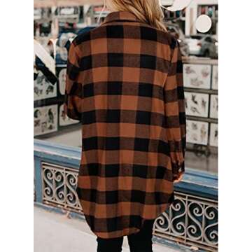 Dokotoo Plaid Shacket Jacket Women Long Sleeve Casual Color Block Button Down Boyfriend Womens Flannel Shirts Jackets Cardigans Coats Tops with Pockets Brown Large