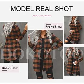 Dokotoo Plaid Shacket Jacket Women Long Sleeve Casual Color Block Button Down Boyfriend Womens Flannel Shirts Jackets Cardigans Coats Tops with Pockets Brown Large
