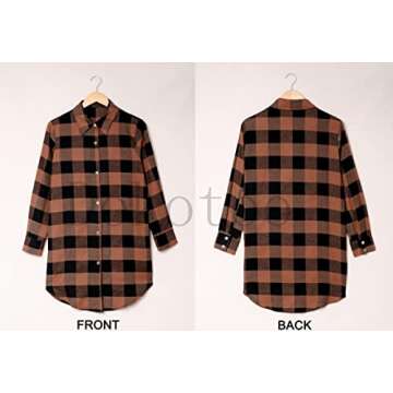 Dokotoo Plaid Shacket Jacket Women Long Sleeve Casual Color Block Button Down Boyfriend Womens Flannel Shirts Jackets Cardigans Coats Tops with Pockets Brown Large