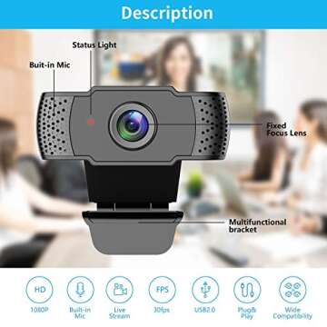 Kasily 1080P Computer Camera, Auto Focus Webcam with Microphone for Desktop, USB Plug and Play & 3D ...