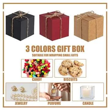 60 Pcs Christmas Square Gift Boxes Small Christmas Gift Boxes with Twine Kraft Favor Boxes for Christmas Holidays Wedding Birthday Proposal Party(3 x 3 x 3 Inches,Brown, Red, Black)