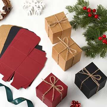 60 Pcs Christmas Square Gift Boxes Small Christmas Gift Boxes with Twine Kraft Favor Boxes for Christmas Holidays Wedding Birthday Proposal Party(3 x 3 x 3 Inches,Brown, Red, Black)