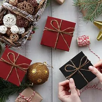 60 Pcs Christmas Square Gift Boxes Small Christmas Gift Boxes with Twine Kraft Favor Boxes for Christmas Holidays Wedding Birthday Proposal Party(3 x 3 x 3 Inches,Brown, Red, Black)