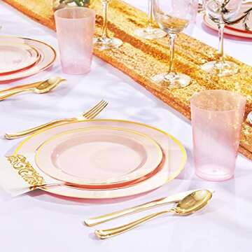 BUCLA 150PCS Pink Plastic Plates with Gold Rim - Elegant Disposable Dining