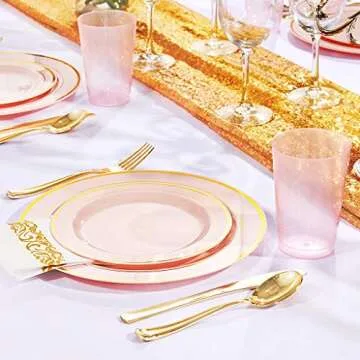 BUCLA 150PCS Pink Plastic Plates with Gold Rim - Elegant Disposable Dining