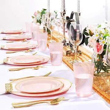 BUCLA 150PCS Pink Plastic Plates with Gold Rim - Elegant Disposable Dining