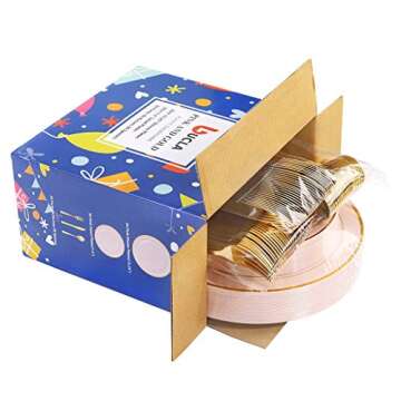 BUCLA 150PCS Pink Plastic Plates with Gold Rim - Elegant Disposable Dining