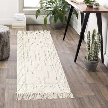Uphome Boho Bathroom Runner Rug 2' x 4.3', Washable Woven Cotton Bedroom Rug Runner, Beige Aesthetic Tufted Entryway Runner Rugs, Bohemian Tribal Throw Rug for Bedside Living Room Laundry Kitchen