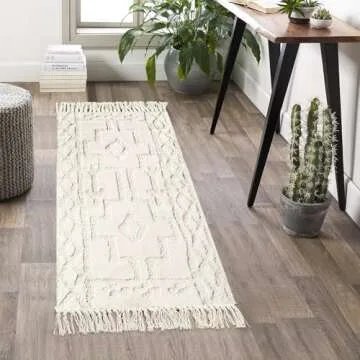Uphome Boho Bathroom Runner Rug 2' x 4.3', Washable Woven Cotton Bedroom Rug Runner, Beige Aesthetic Tufted Entryway Runner Rugs, Bohemian Tribal Throw Rug for Bedside Living Room Laundry Kitchen