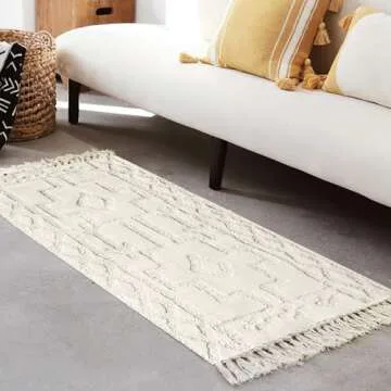 Uphome Boho Bathroom Runner Rug 2' x 4.3', Washable Woven Cotton Bedroom Rug Runner, Beige Aesthetic Tufted Entryway Runner Rugs, Bohemian Tribal Throw Rug for Bedside Living Room Laundry Kitchen