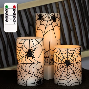 FLAVCHARM Spider Web Decor Flameless Candles - Halloween Spooky LED Candles with Remote Timer