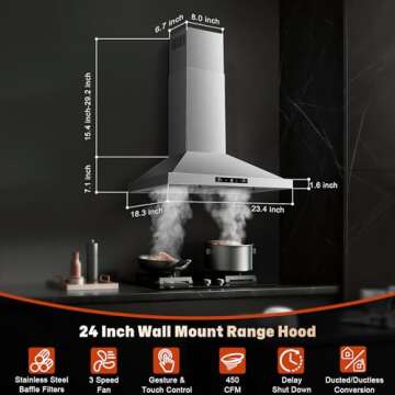 Zomagas 24 Inch Range Hood: Ducted/Ductless, 450CFM, Wall Mount, Gesture Sensing, Touch Control, 3 S...
