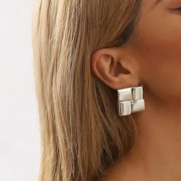 Big Silver Square Earrings Studs Large Statement Earrings Silver Chunky Earrings for Women Geometric Stud Earrings Chunky Silver Earrings Studs Trendy Earrings