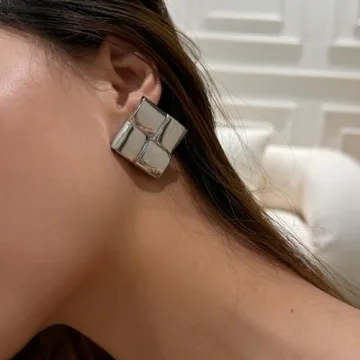 Big Silver Square Earrings Studs Large Statement Earrings Silver Chunky Earrings for Women Geometric Stud Earrings Chunky Silver Earrings Studs Trendy Earrings