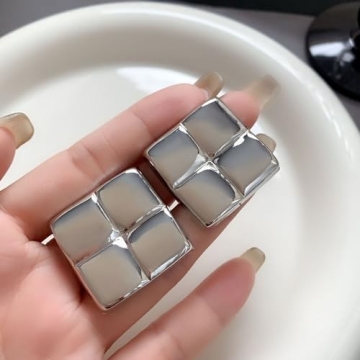 Big Silver Square Earrings Studs Large Statement Earrings Silver Chunky Earrings for Women Geometric Stud Earrings Chunky Silver Earrings Studs Trendy Earrings
