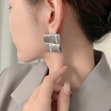 Big Silver Square Earrings Studs Large Statement Earrings Silver Chunky Earrings for Women Geometric Stud Earrings Chunky Silver Earrings Studs Trendy Earrings