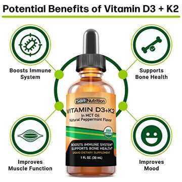 MAX Absorption, Vitamin D3 + K2 (MK-7) Liquid Drops with MCT Oil, Peppermint Flavor, Helps Support Strong Bones and Healthy Heart
