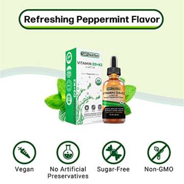 MAX Absorption, Vitamin D3 + K2 (MK-7) Liquid Drops with MCT Oil, Peppermint Flavor, Helps Support Strong Bones and Healthy Heart