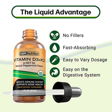 MAX Absorption, Vitamin D3 + K2 (MK-7) Liquid Drops with MCT Oil, Peppermint Flavor, Helps Support Strong Bones and Healthy Heart