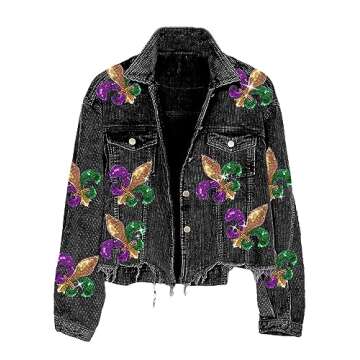 happlan Women's Sequin Embroidery Cropped Frayed Hem Vintage Washed Corduroy Jacket Coat Shacket for Women