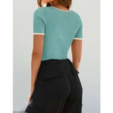 ZESICA Women's Short Sleeve Square Neck Color Block T Shirt 2025 Summer Slim Fit Ribbed Knit Basic Tee Tops,Mint,X-Large