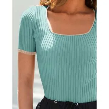 ZESICA Women's Short Sleeve Square Neck Color Block T Shirt 2025 Summer Slim Fit Ribbed Knit Basic Tee Tops,Mint,X-Large