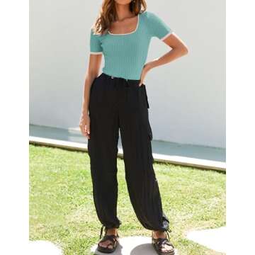 ZESICA Women's Short Sleeve Square Neck Color Block T Shirt 2025 Summer Slim Fit Ribbed Knit Basic Tee Tops,Mint,X-Large