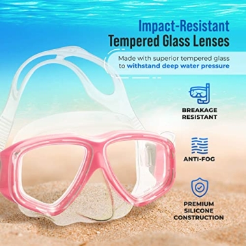 PRODIVE Premium Dry Top Snorkel Set - Impact Resistant Tempered Glass Diving Mask, Watertight and Anti-Fog Lens for Best Vision, Easy Adjustable Strap, Waterproof Gear Bag Included