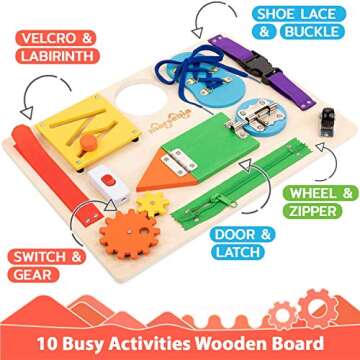 marsebia Montessori Busy Board for Toddlers - Activity Board for Fine Motor Skills, 3 Years Travel Toy with Basic Life Skills Activities - Wooden Sensory Toy for Boys & Girls, Multiple Colors