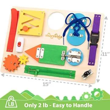 marsebia Montessori Busy Board for Toddlers - Activity Board for Fine Motor Skills, 3 Years Travel Toy with Basic Life Skills Activities - Wooden Sensory Toy for Boys & Girls, Multiple Colors