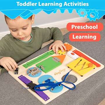 marsebia Montessori Busy Board for Toddlers - Activity Board for Fine Motor Skills, 3 Years Travel Toy with Basic Life Skills Activities - Wooden Sensory Toy for Boys & Girls, Multiple Colors